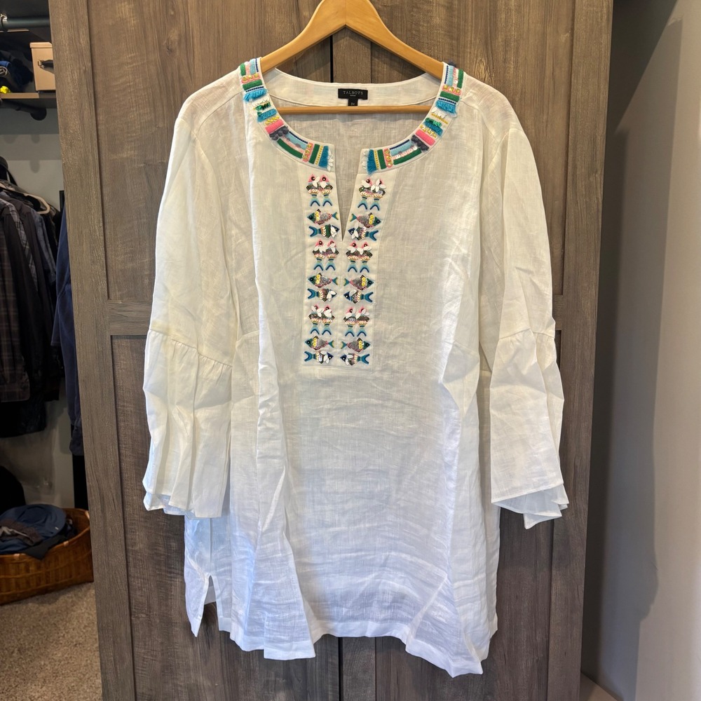 Talbots 3X White Linen Tunic Top Embroidered Fish Sequin Bell Sleeve